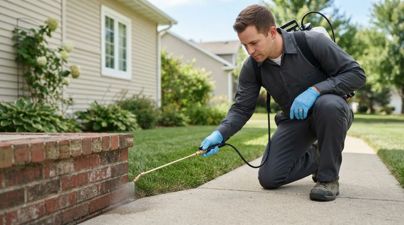 Pest control technician treating a home near Nekoma, ND